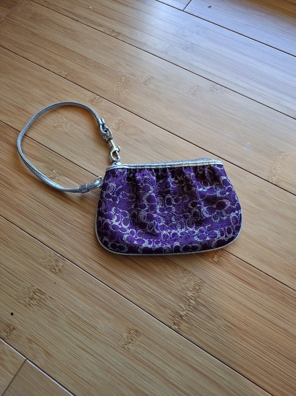 Coach Metallic Purple and Silver Signature C Fabric Wristlet, Pouch